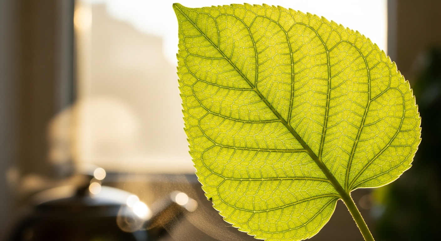 Backlit leaf veins glowing on a kitchen window
