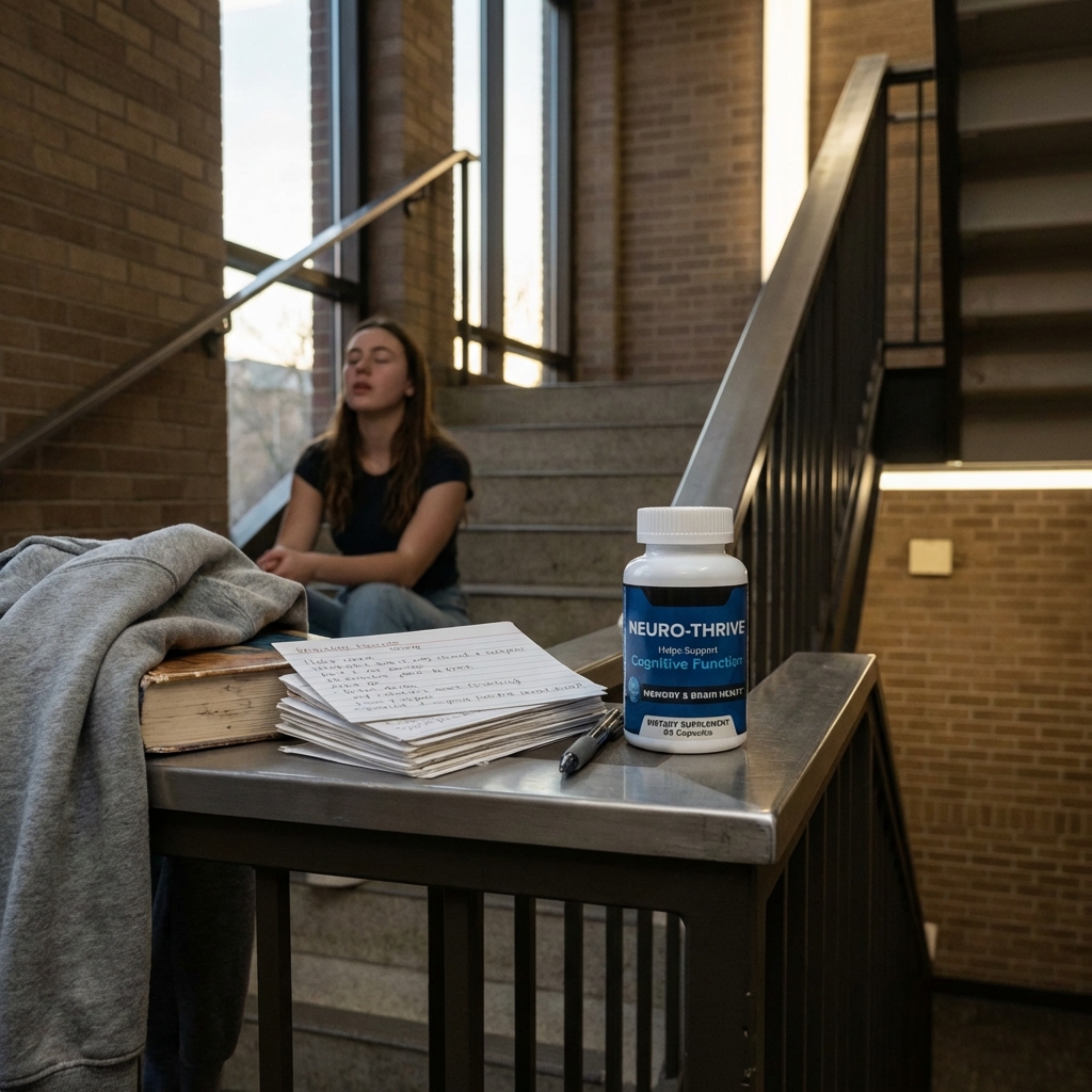 Neuro-Thrive bottle in focus on a library stair rail at dusk