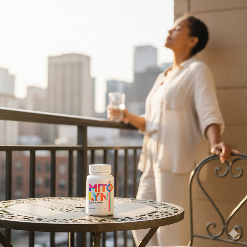 Mitolyn bottle on a balcony table with a relaxed adult leaning on the railing behind it.