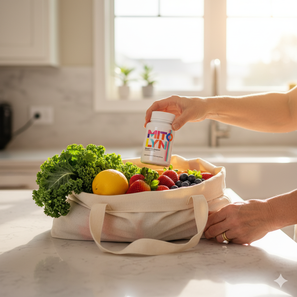 Grandchild placing a Mitolyn bottle into a grocery tote full of fresh produce beside a grandparent.
