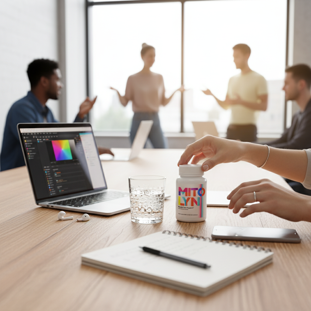 Hands reaching across a bright worktable toward a Mitolyn bottle and glass of water.