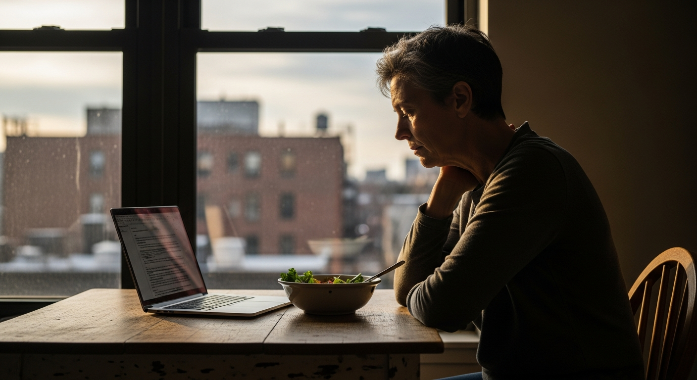 Midlife adult sitting at a table with a half-eaten salad and laptop, looking mildly tired.
