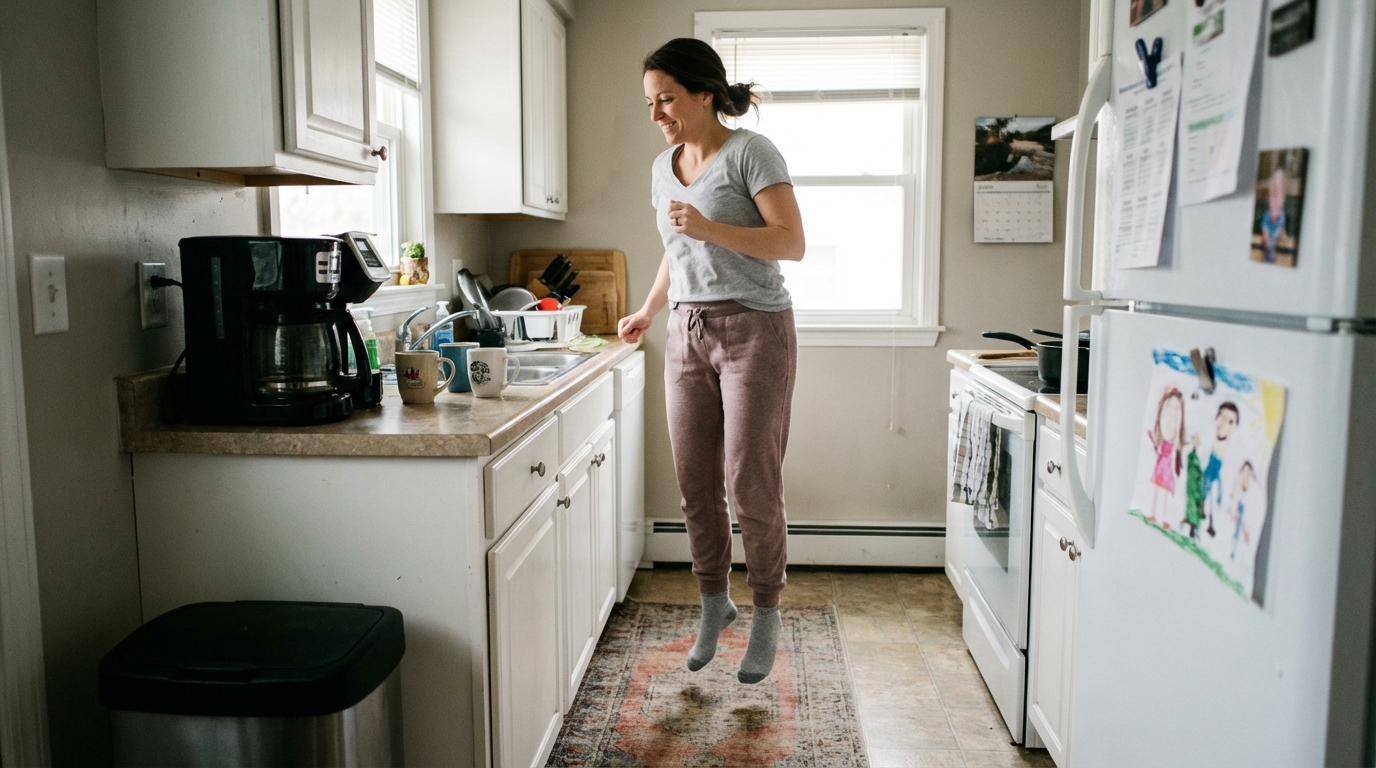 Woman doing quick hops while coffee brews