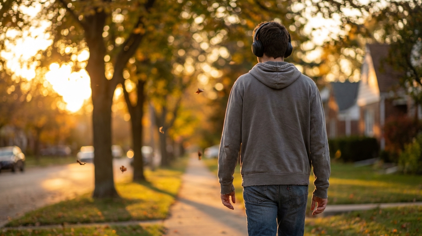 Person taking a brisk walk along a quiet neighborhood sidewalk at golden hour.