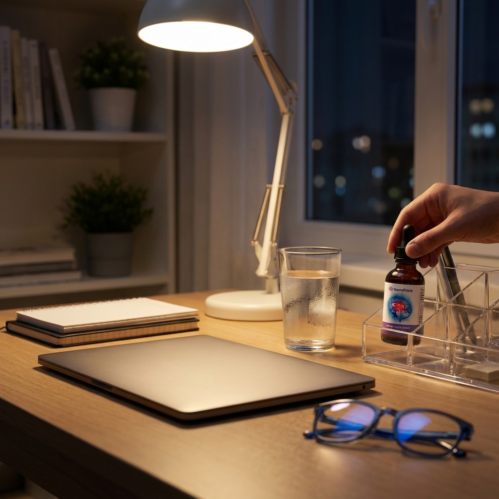 NeuroPrime bottle on a tidy night desk beside a closed laptop and water.