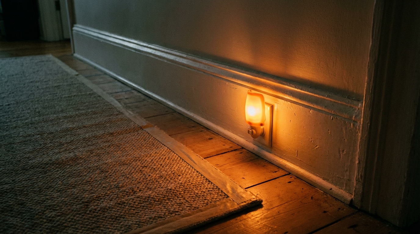 A warm nightlight illuminates a clear hallway path with a secured rug edge