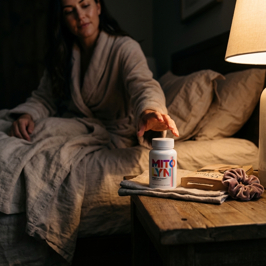 Mitolyn bottle in sharp focus on a nightstand with a woman reaching toward it