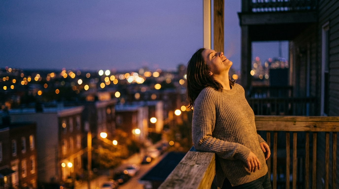 Woman resting on a railing at dusk with relaxed shoulders