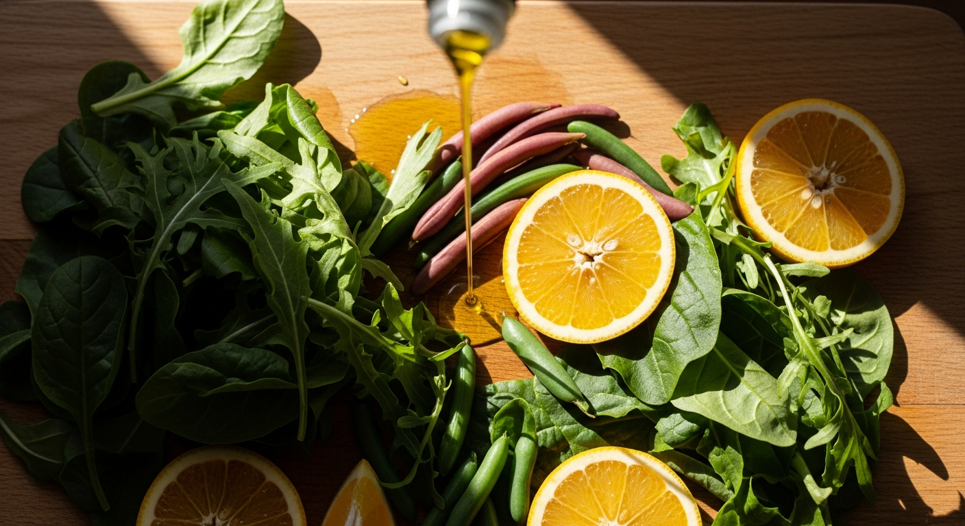 Fresh greens and olive oil in bright kitchen light