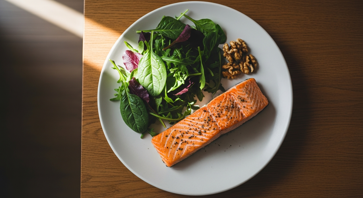 Plate of baked salmon, greens, and walnuts in soft evening light.