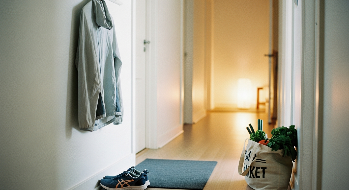Peg rail with jacket and shoes beside a tote of greens under warm hallway light