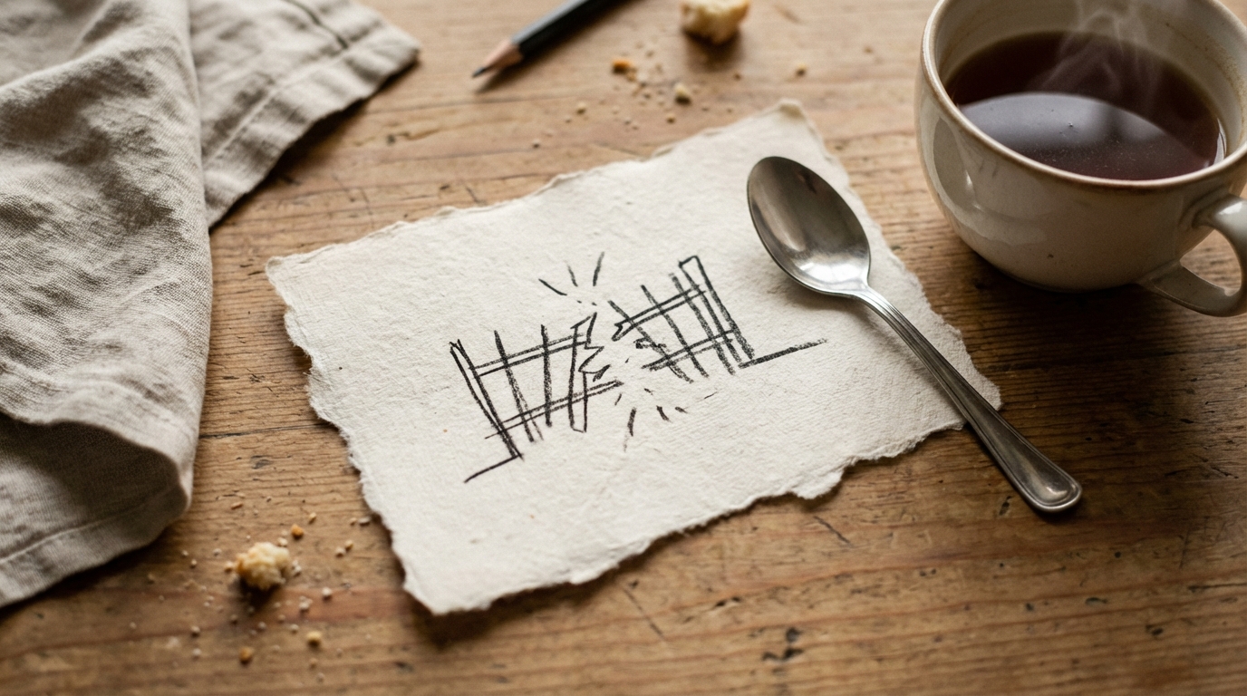Morning table still life with tea and a simple sketch on paper in soft light