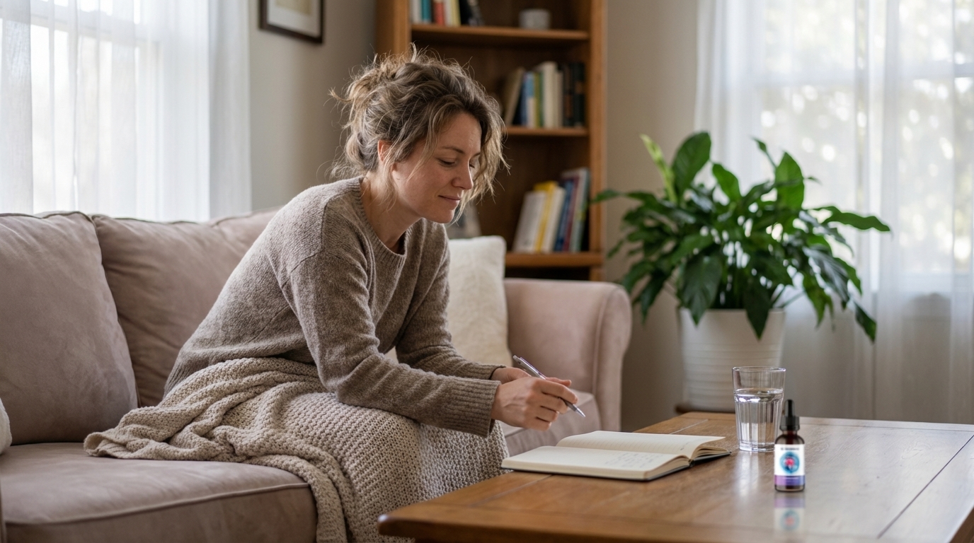 Person pausing over a notebook in a sunlit living room, with a supplement bottle and water nearby.