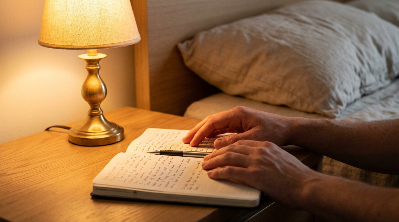 Hands resting on a journal beside a softly glowing bedside lamp.