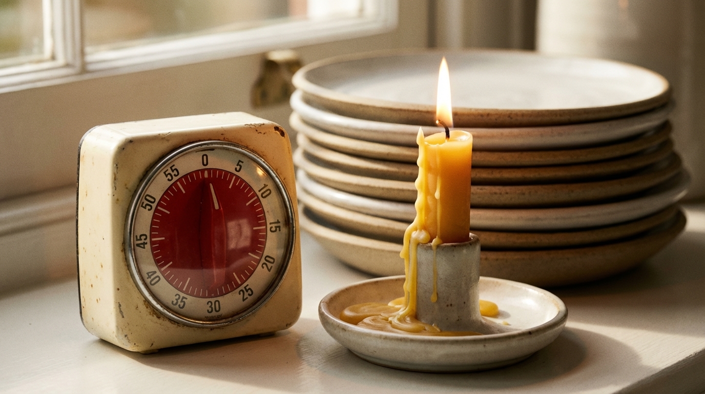 Kitchen timer and candle in warm natural light