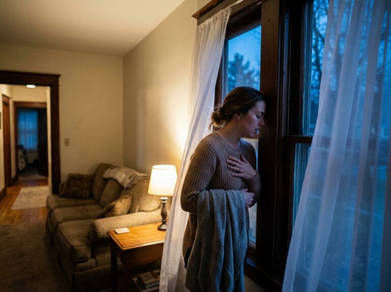 Woman exhaling by open window at dusk