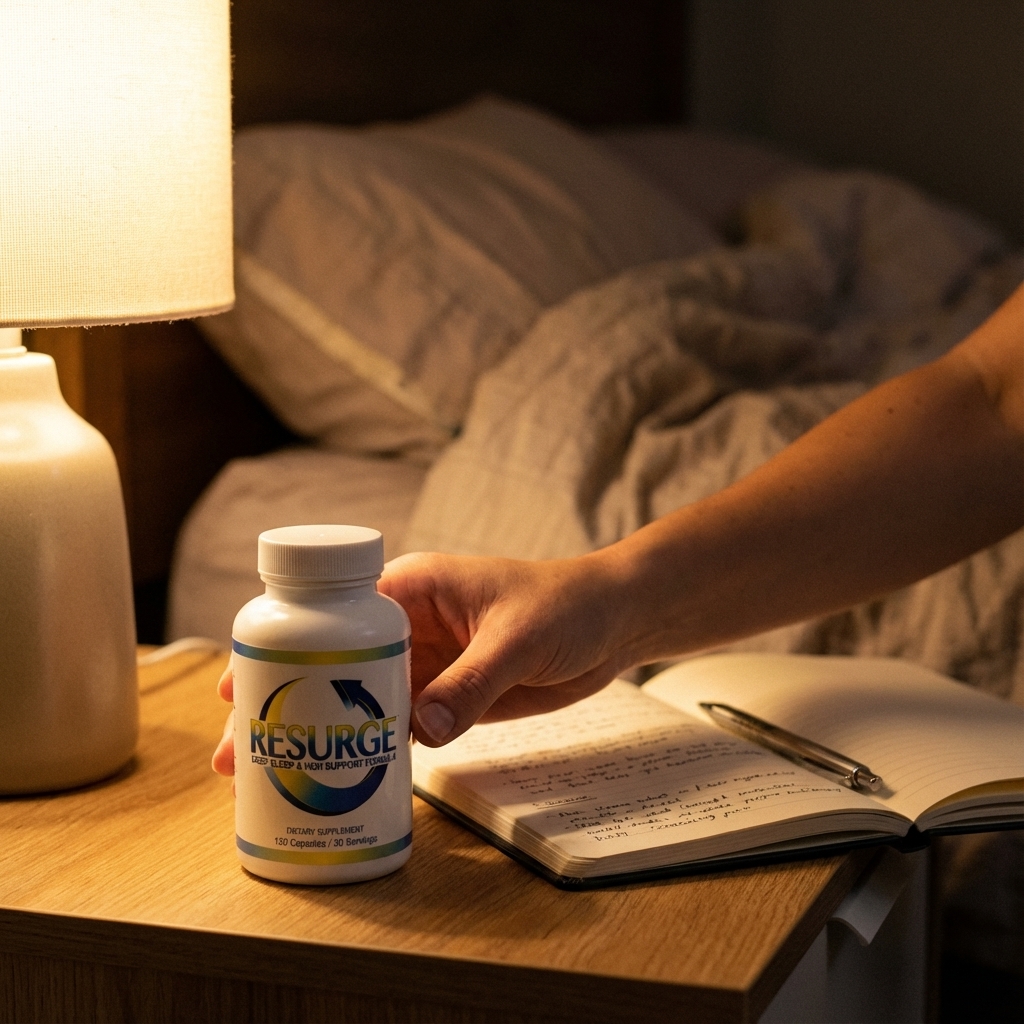 Bottle of Resurge beside open journal on a softly lit nightstand.