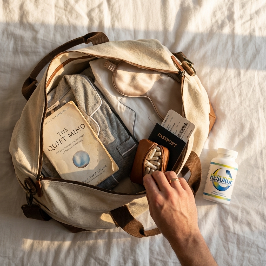 Packing a weekender bag with a Resurge travel case beside a passport.
