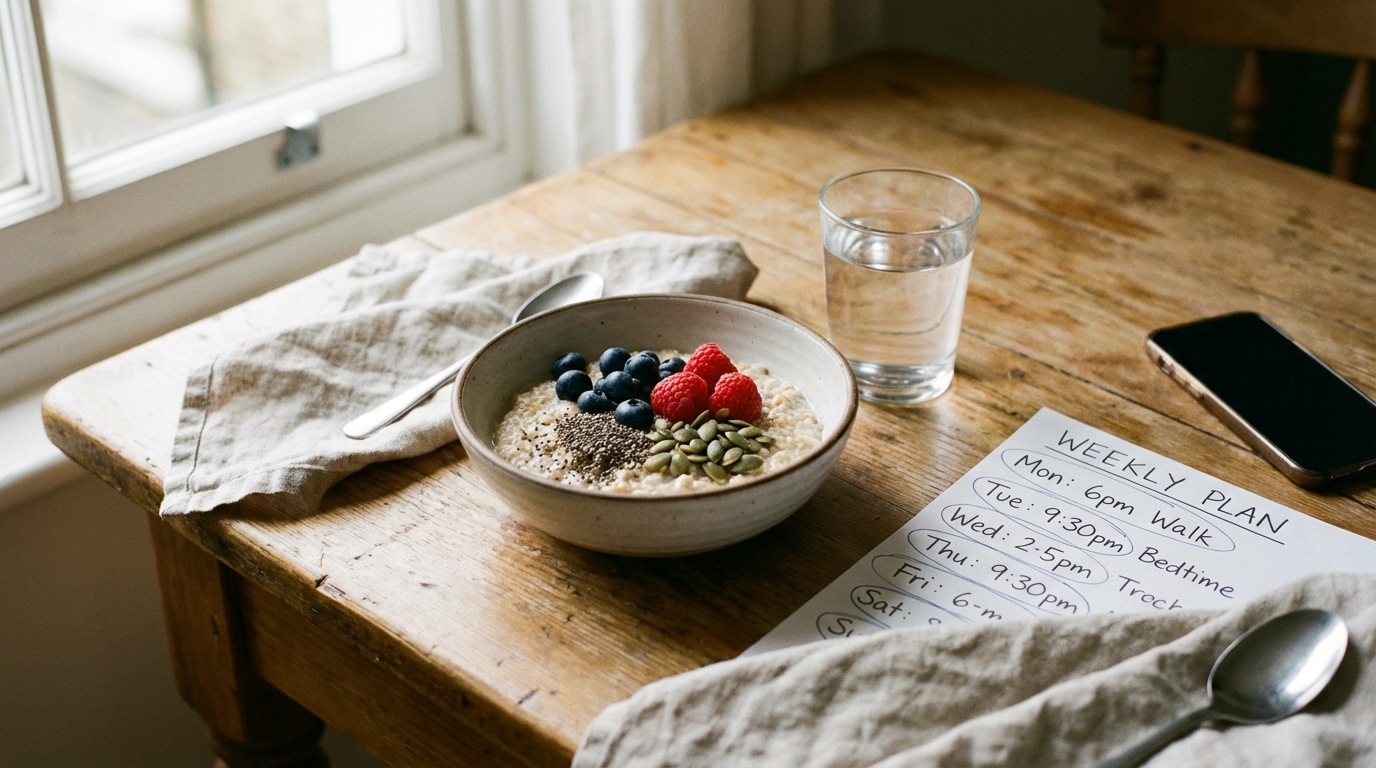 Breakfast bowl with berries beside a handwritten weekly rhythm plan