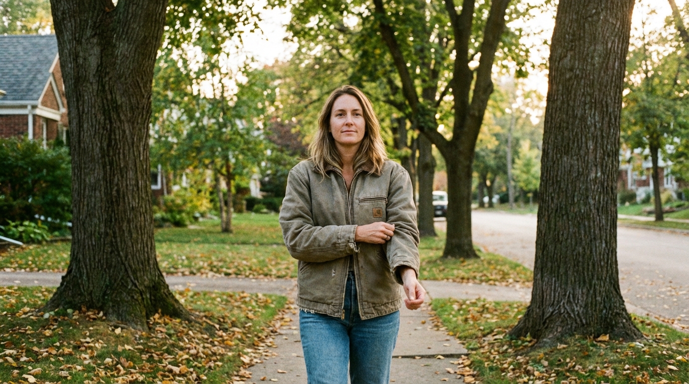 Woman walking outside in soft late afternoon light