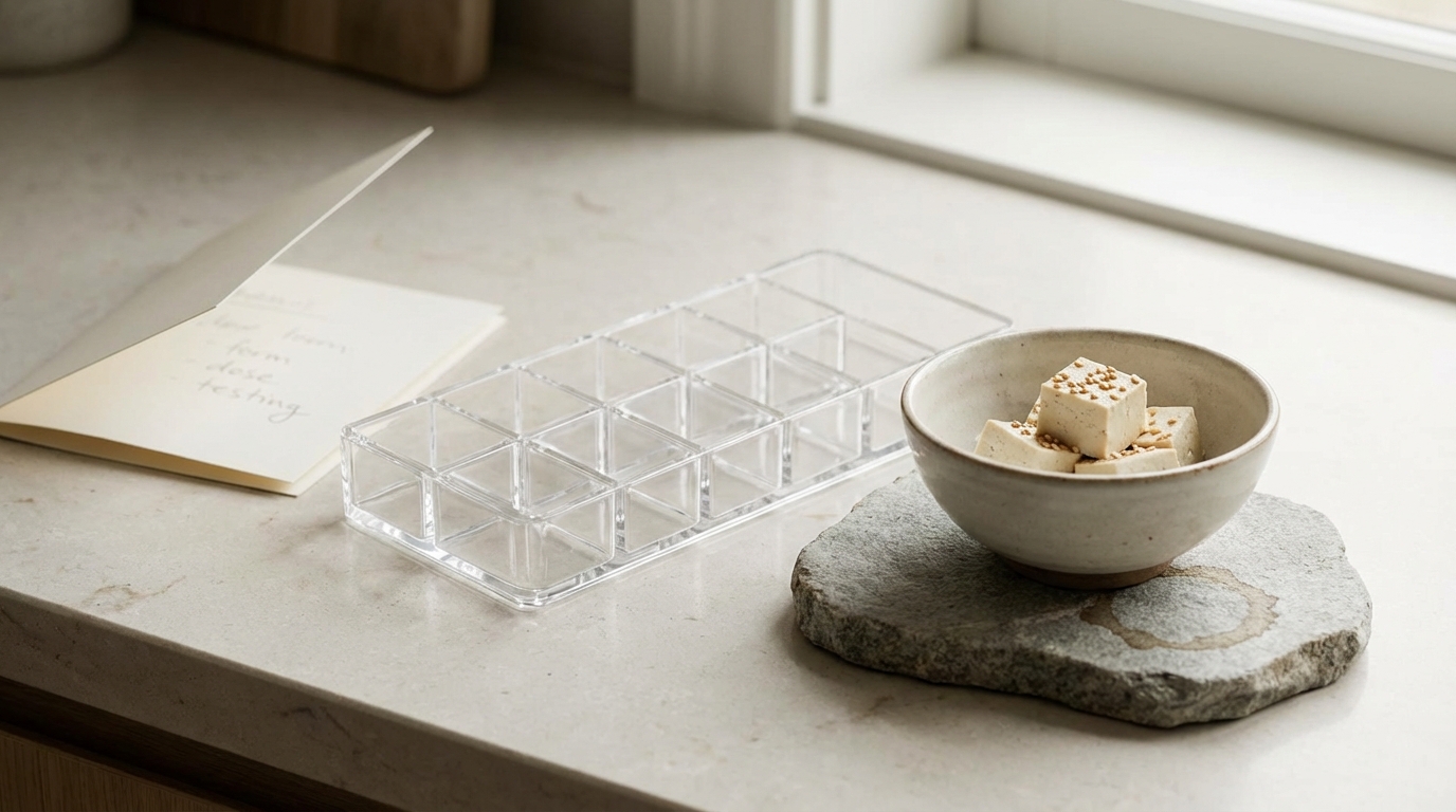 Calm counter still life suggesting simple supplement standards