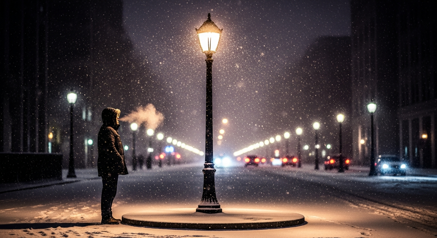 Snow drifts in lamp light as breath fogs