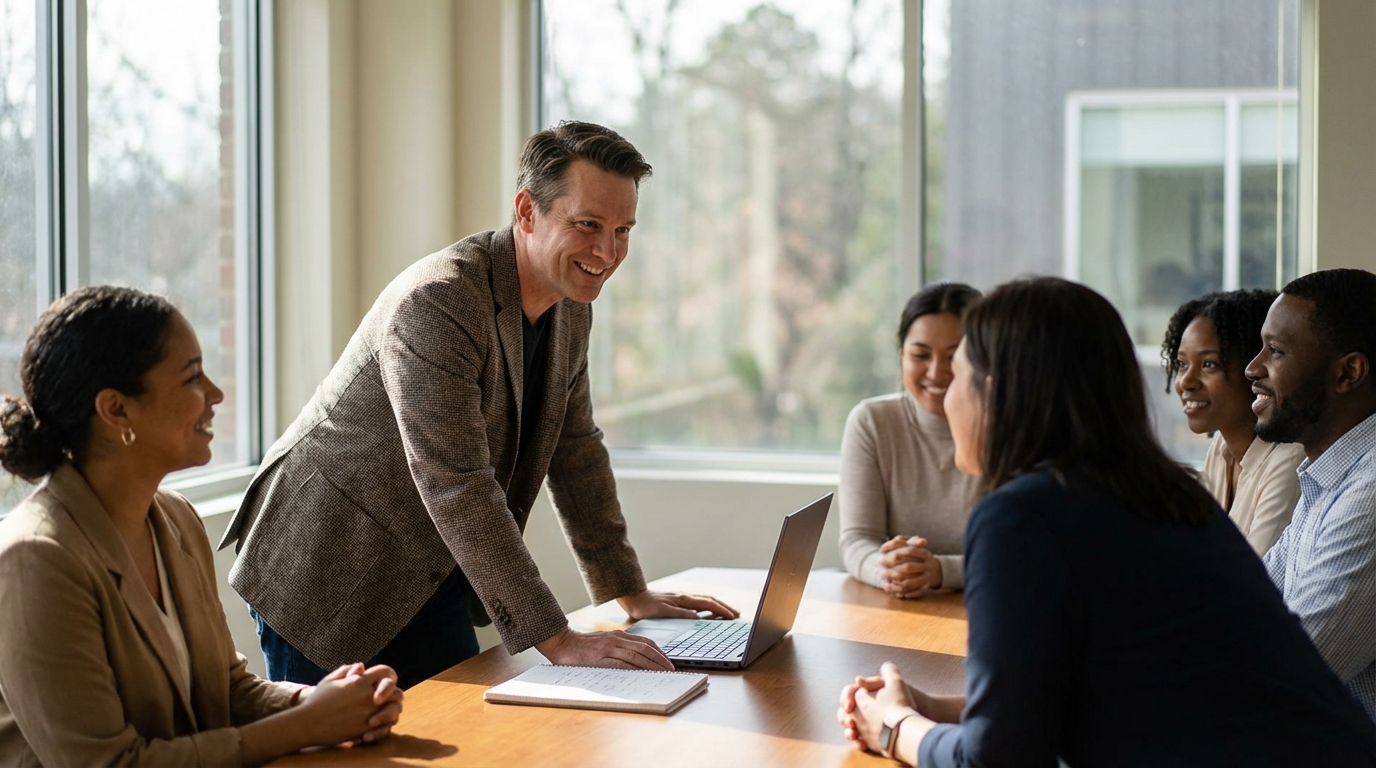 Person confidently speaking in a sunlit meeting room