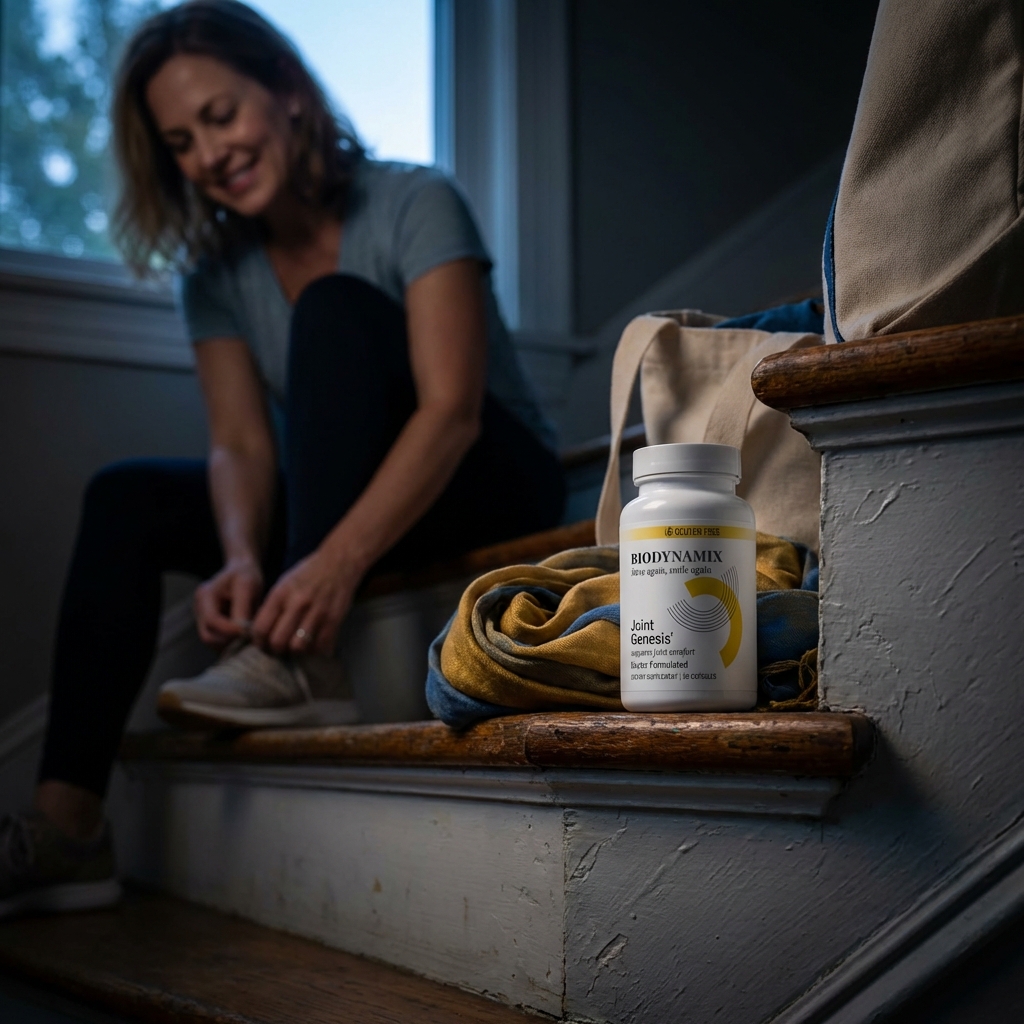 Joint Genesis bottle sharp on stair tread while a woman ties her sneaker in soft background