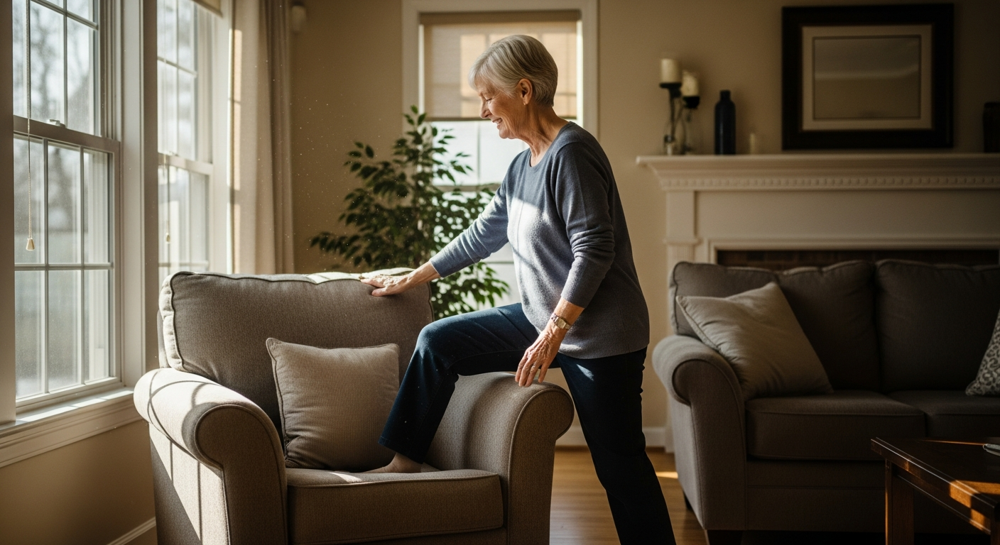 Older adult standing up smoothly from a chair in a bright living room.