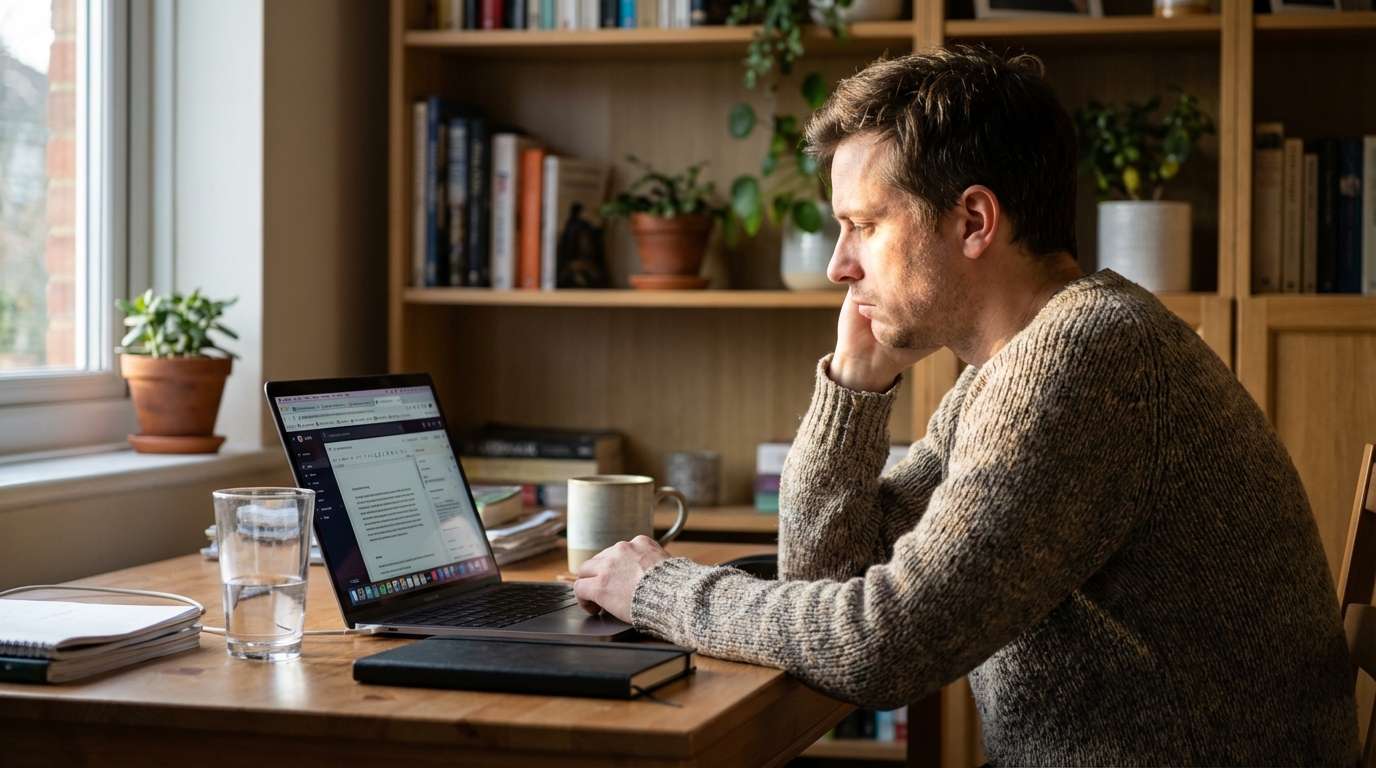 Person staring blankly at laptop with many tabs open