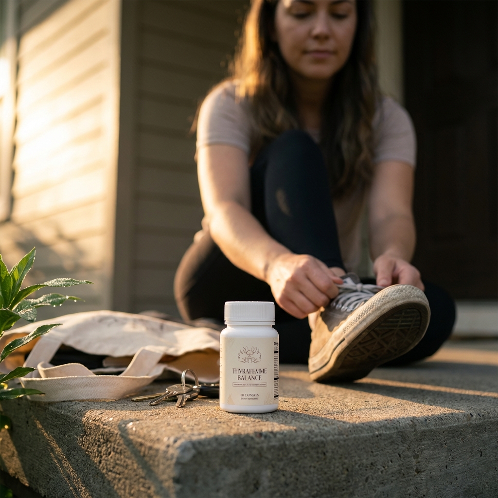 Thyrafemme Balance bottle sharp on porch step near keys and shoes