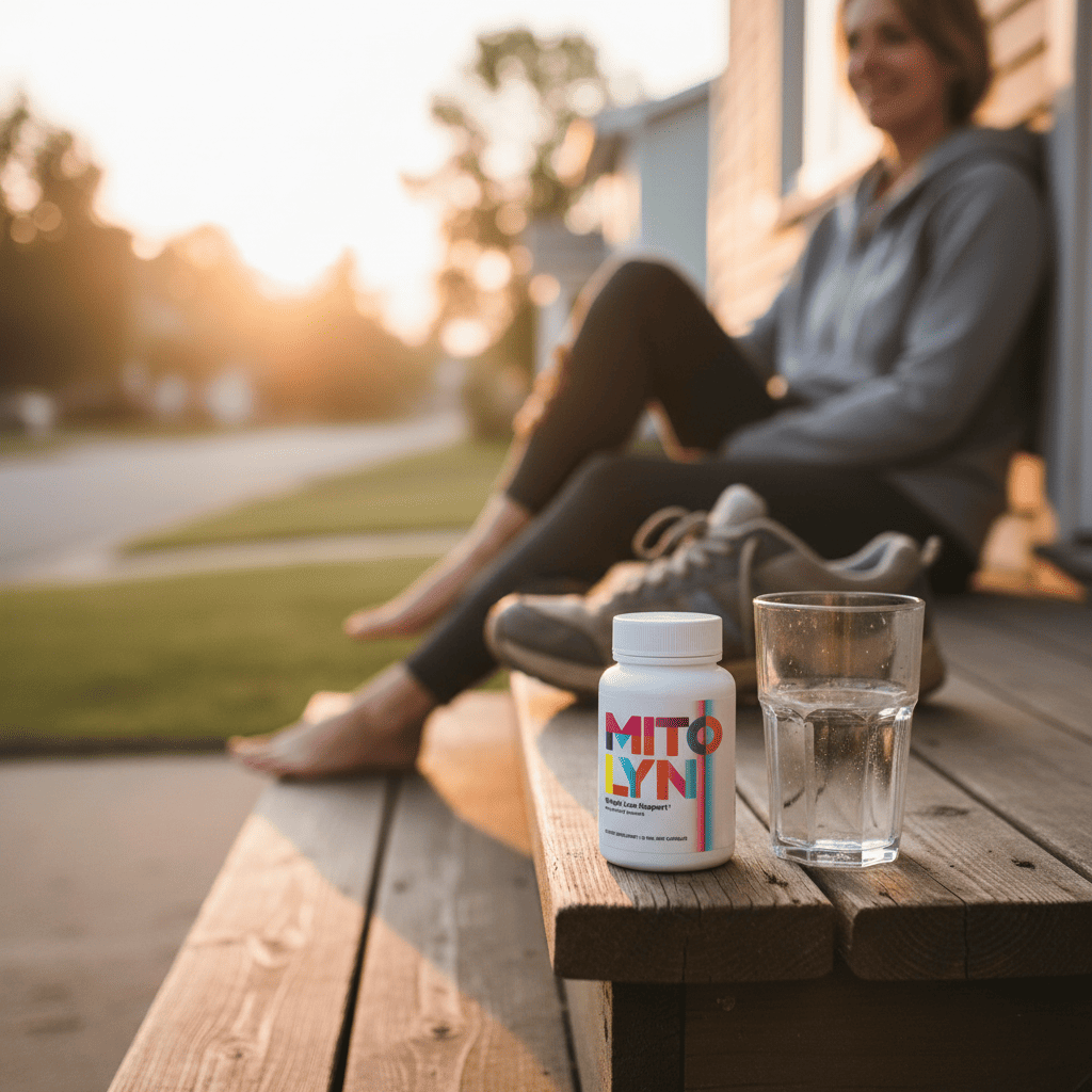 Mitolyn bottle and water on a sunrise porch step next to a half-laced shoe.