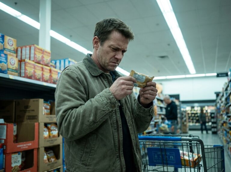 Man reading ingredients in a grocery aisle, looking tense and unsure