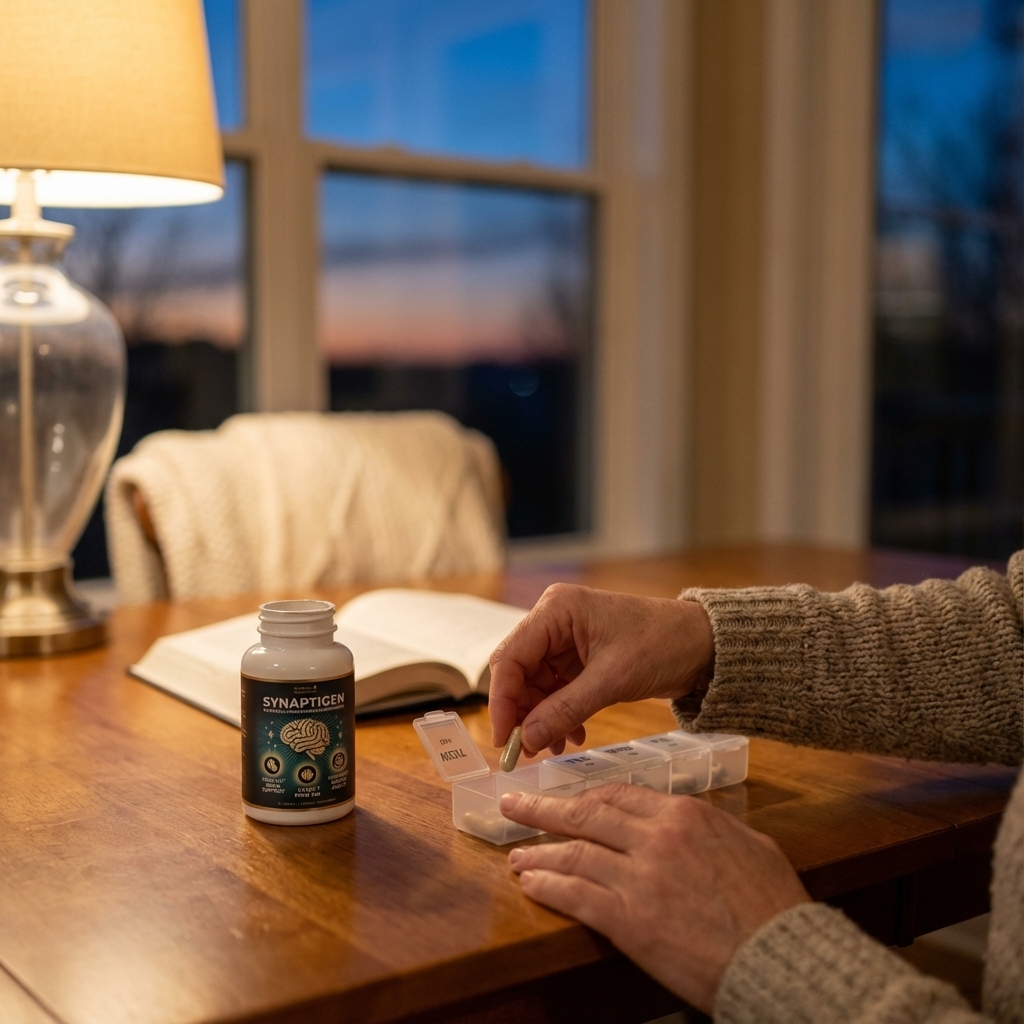Person adding Synaptigen to a weekly pill organizer