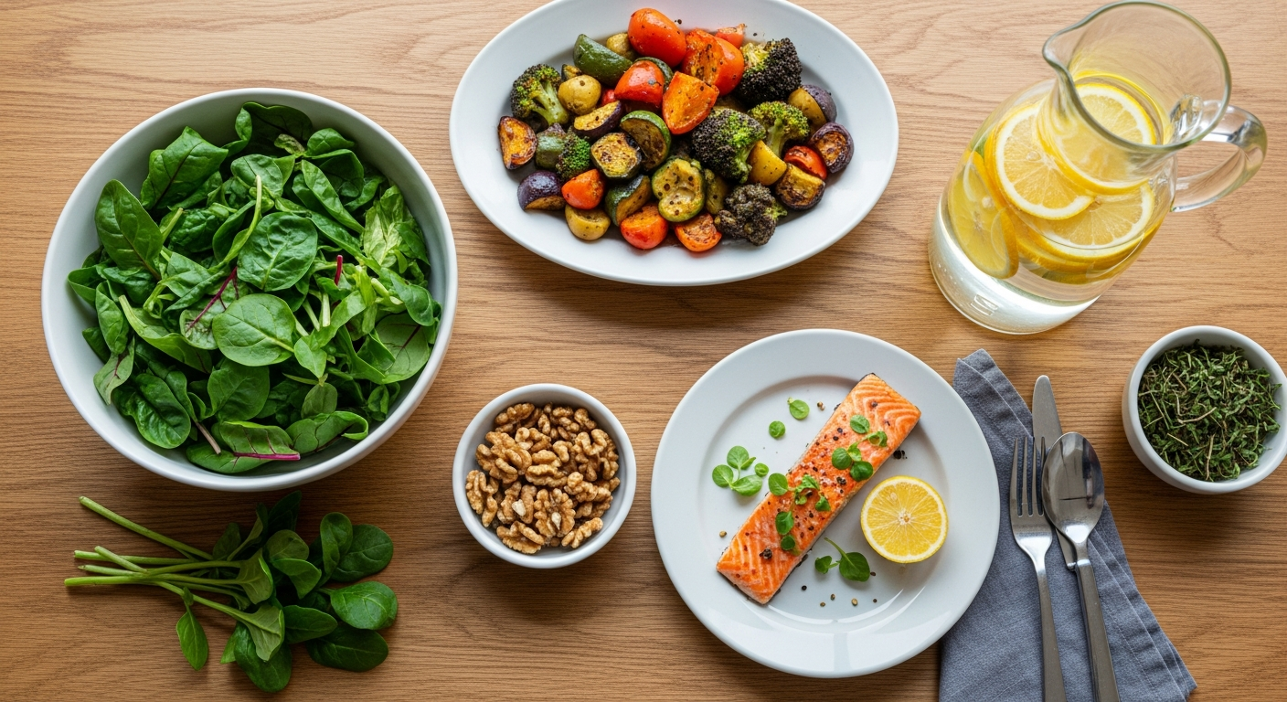 Overhead view of colorful anti-inflammatory foods arranged on a wooden table.