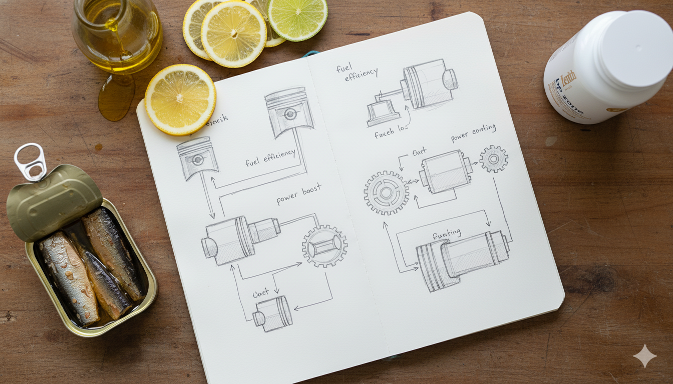 Overhead of sketchbook, sardines, and citrus in soft light