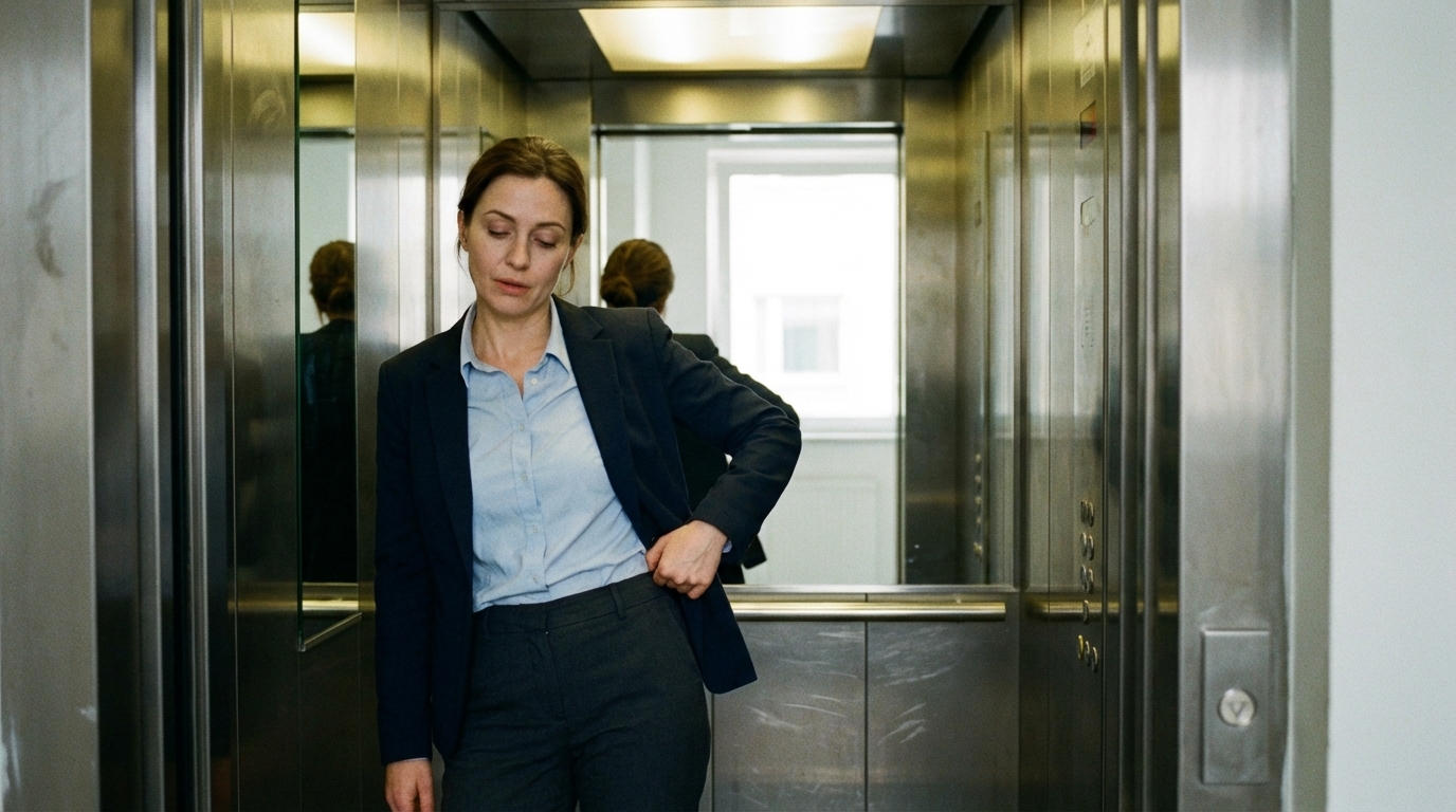 Woman adjusting waistband in an office mirror looking tired