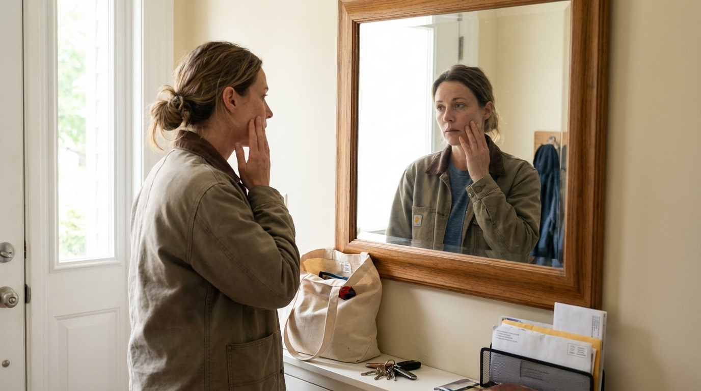 Woman checking her face in a hallway mirror with a tired but calm expression