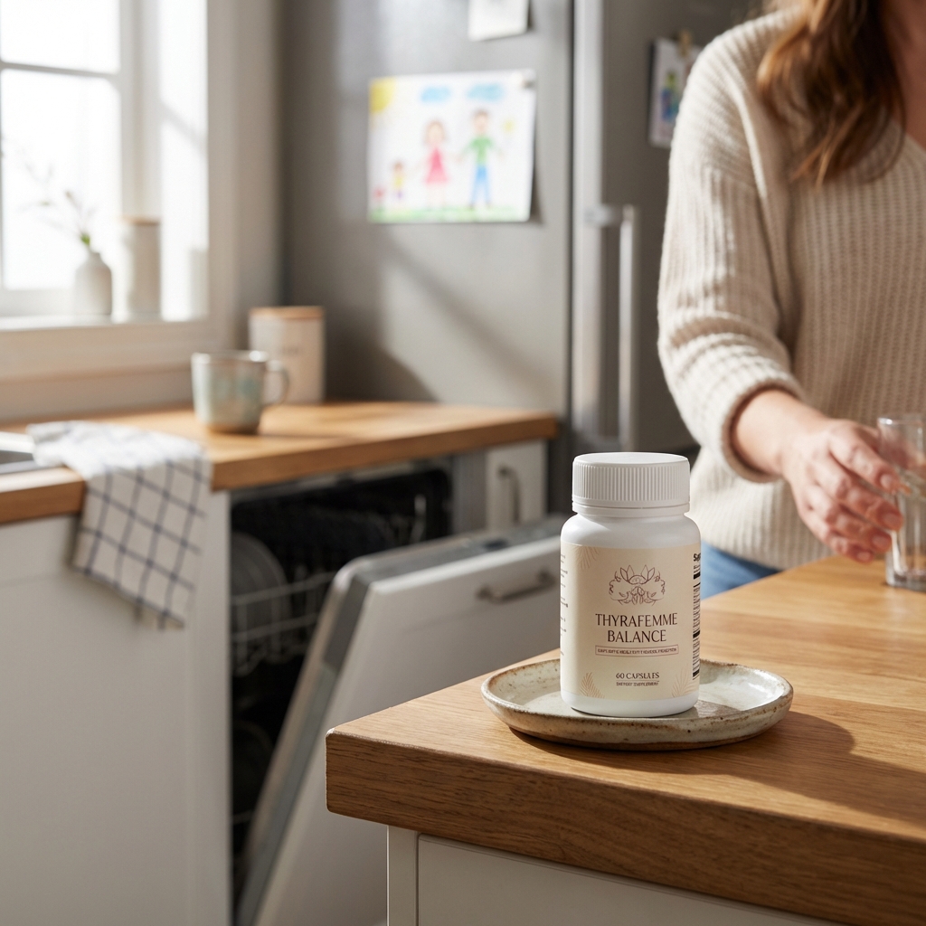 Thyrafemme Balance bottle in morning kitchen light with hands in background