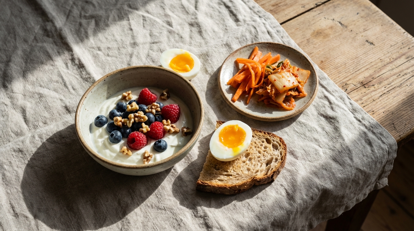 Protein and calcium rich breakfast on linen cloth
