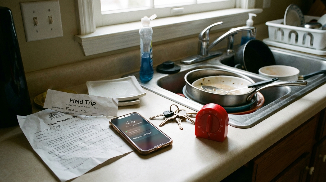 Close-up of cluttered counter with notifications and everyday stress cues