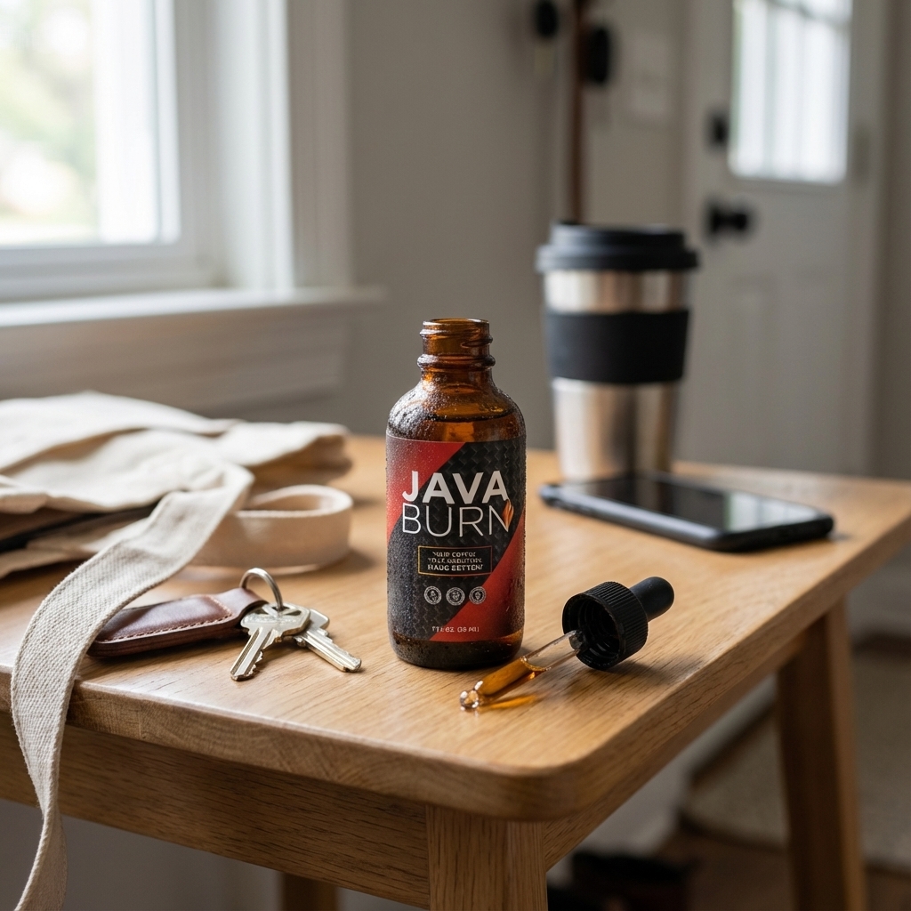 Java Burn bottle in focus on entry table beside keys and travel coffee cup