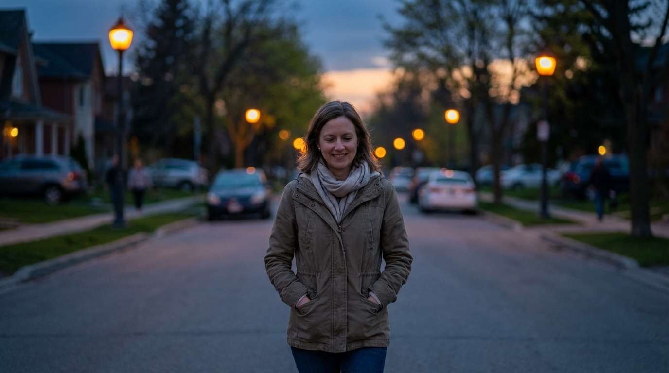 Woman walking calmly at dusk after dinner looking relaxed