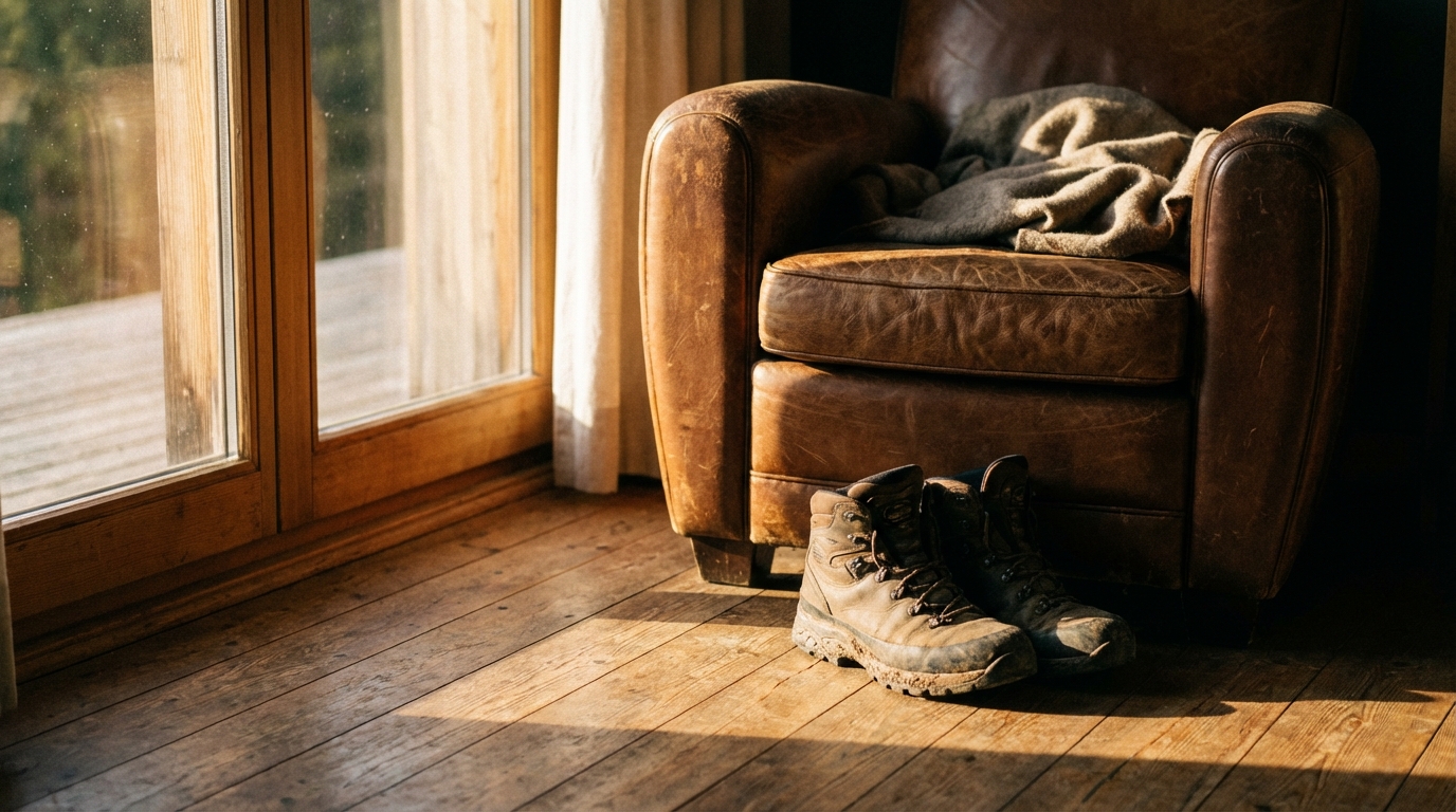 Walking shoes sitting unused beside a chair