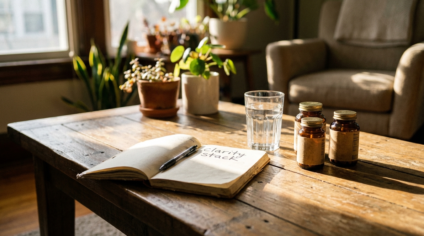 Open notebook and simple supplement bottles on a table