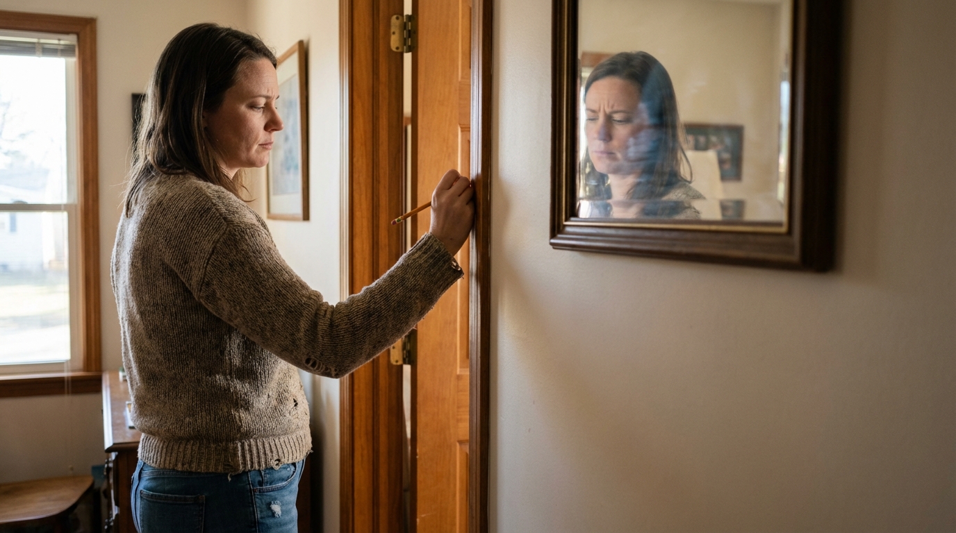 A woman marks her height at a doorway with a pencil in soft daylight