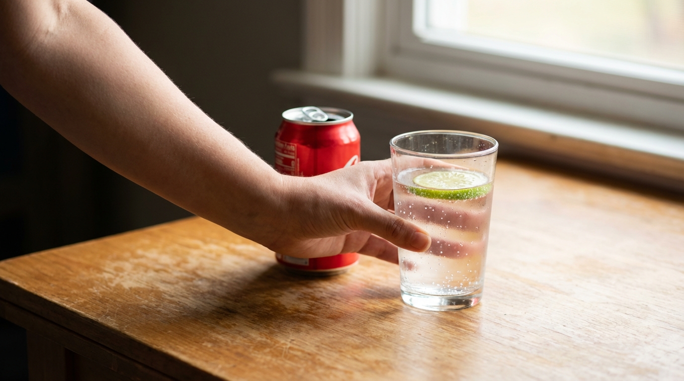 Hand choosing sparkling water with lime over soda