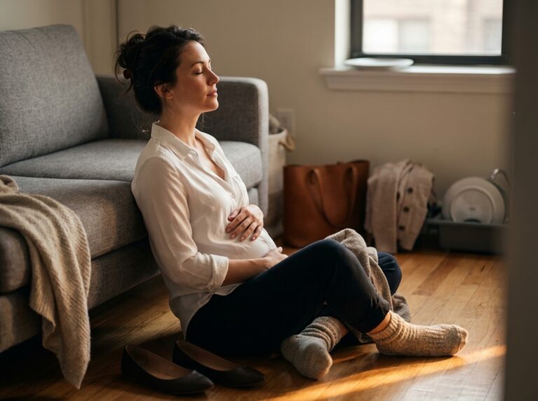 Woman sitting on floor eyes closed exhaling in warm light