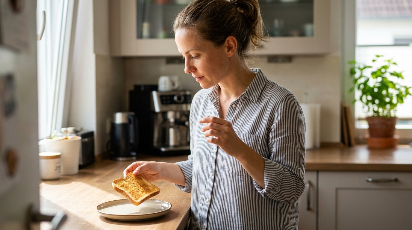 Woman pausing with toast before reintroducing foods