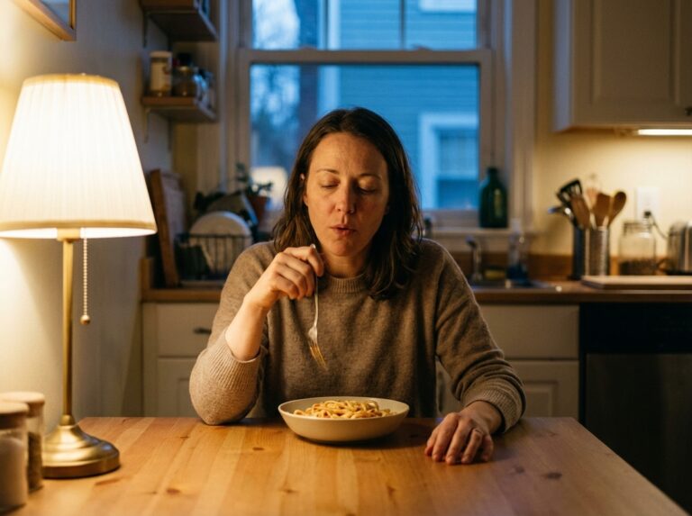 Woman quietly exhaling at the table before a simple meal in warm evening light